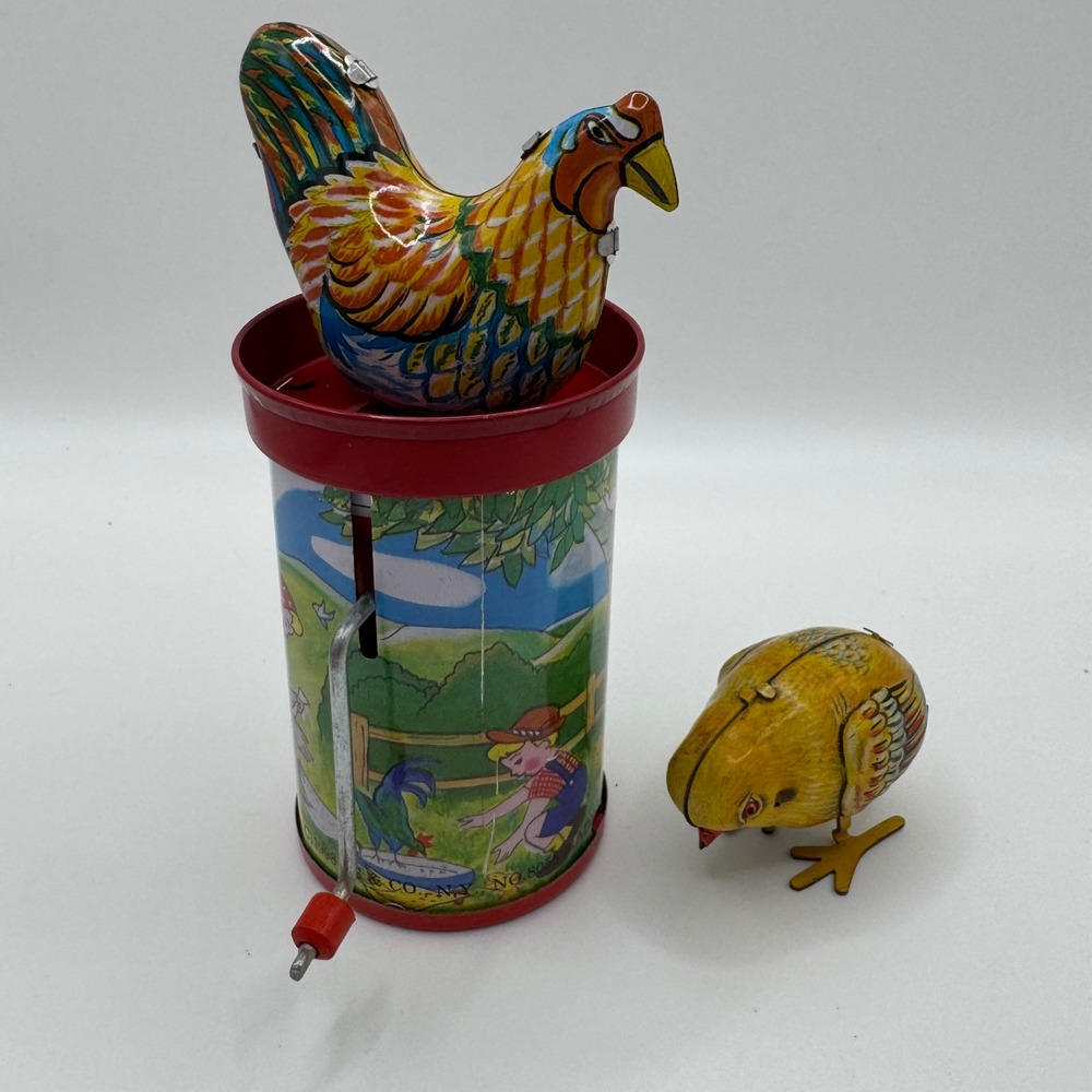 Vintage Shackman Tin Litho Clucking Hen Silo Toy German Pecking Chick AS IS